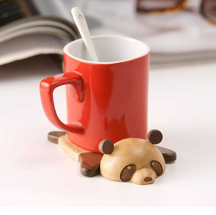 Handmade Wooden Panda Coaster Gift: light tan, dark brown dog, cute cartoon style