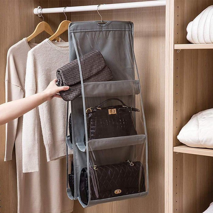 Hanging Handbag Organizer for a Neat and Tidy Closet: gray, transparent hanging handbag organizer, minimal style