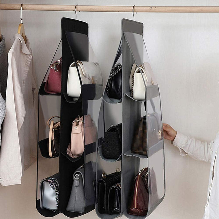 Hanging Handbag Organizer for a Neat and Tidy Closet: gray, transparent hanging handbag organizer, minimal style