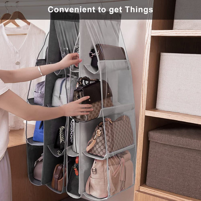 Hanging Handbag Organizer for a Neat and Tidy Closet: gray, transparent hanging handbag organizer, minimal style