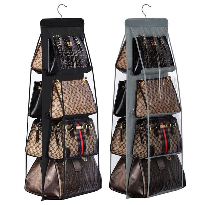 Hanging Handbag Organizer for a Neat and Tidy Closet: gray, transparent hanging handbag organizer, minimal style