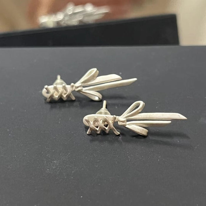 Harajuku Bow Stud Earrings, Metal: white, silver-toned bow/ribbon, minimal cute style