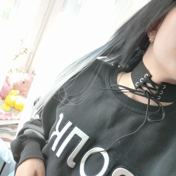 Harajuku Gothic Lace-Up Choker Necklace: black, silver choker necklace, gothic style