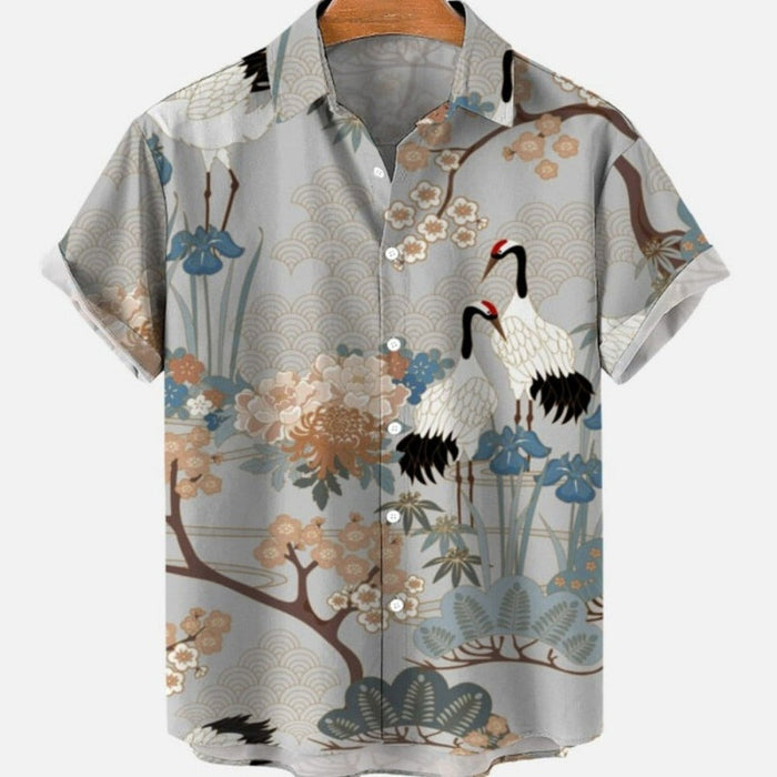 Hawaiian Shirt for Men with Japanese Design: light gray, white cranes and floral botanical theme, Japanese-inspired botanical