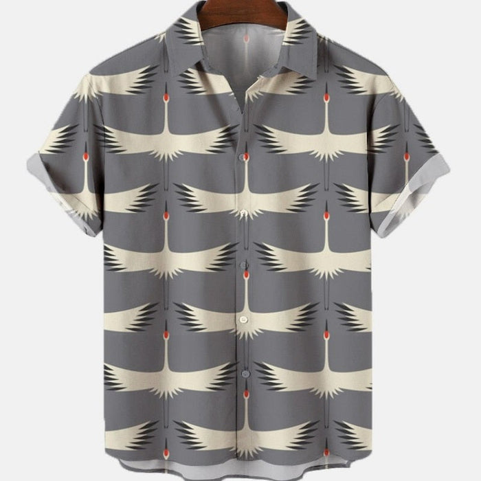 Hawaiian Shirt for Men with Japanese Design: light gray, white cranes and floral botanical theme, Japanese-inspired botanical