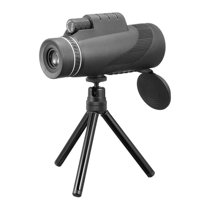 HD Monocular Tripod for Smartphone Photography: black, dark gray monocular telescope with tripod, minimal functional outdoor/