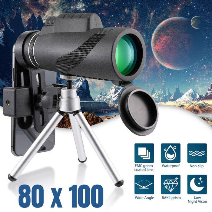 HD Monocular Tripod for Smartphone Photography: black, dark gray monocular telescope with tripod, minimal functional outdoor/