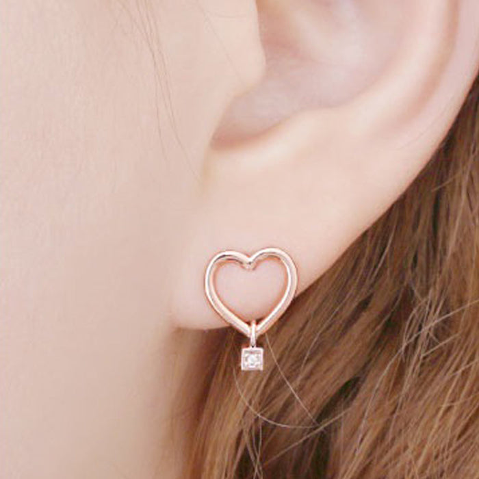 Heart Earrings in Rose Gold with 14K Gold Pin by Bella: rose gold, clear/white heart, minimal romantic style