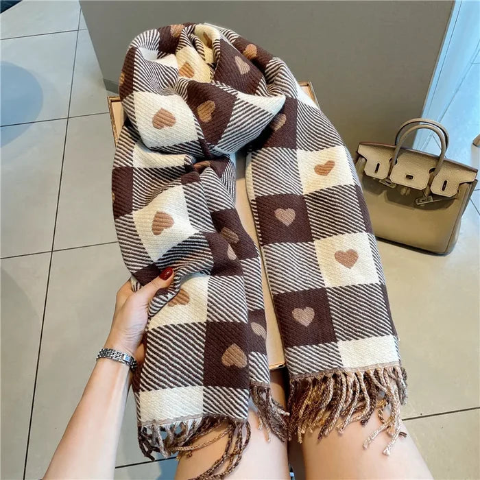 Heart-Knit Plaid Cozy Scarf: brown, cream heart pattern, cozy casual style