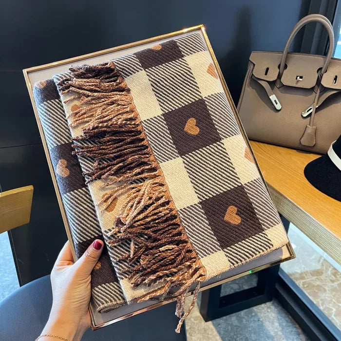 Heart-Knit Plaid Cozy Scarf: brown, cream heart pattern, cozy casual style