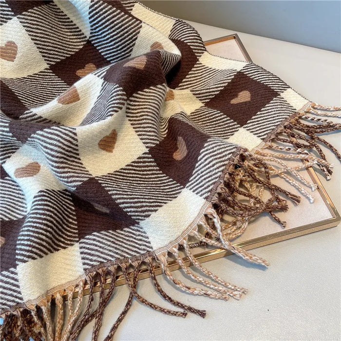 Heart-Knit Plaid Cozy Scarf: brown, cream heart pattern, cozy casual style