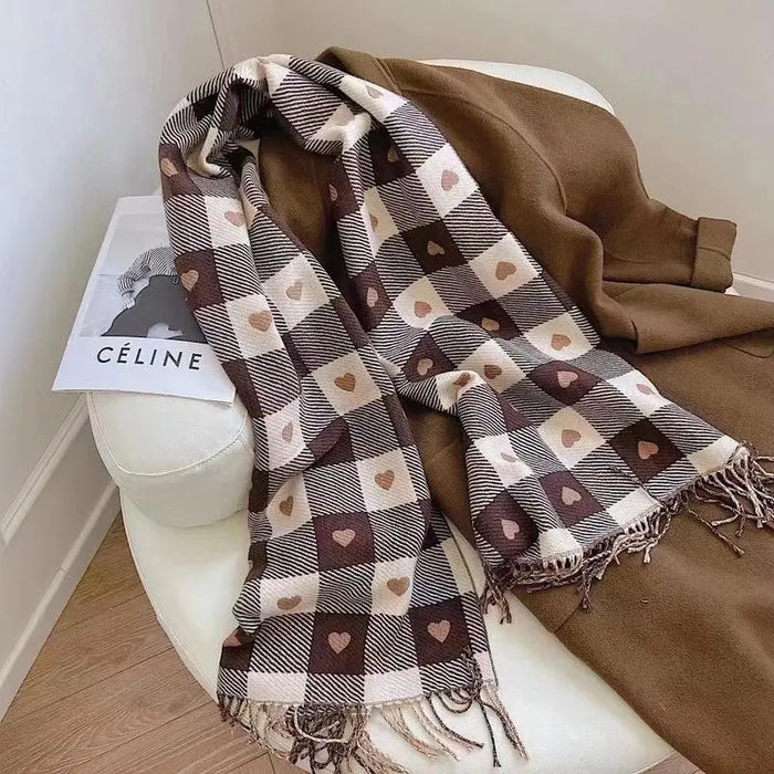Heart-Knit Plaid Cozy Scarf: brown, cream heart pattern, cozy casual style