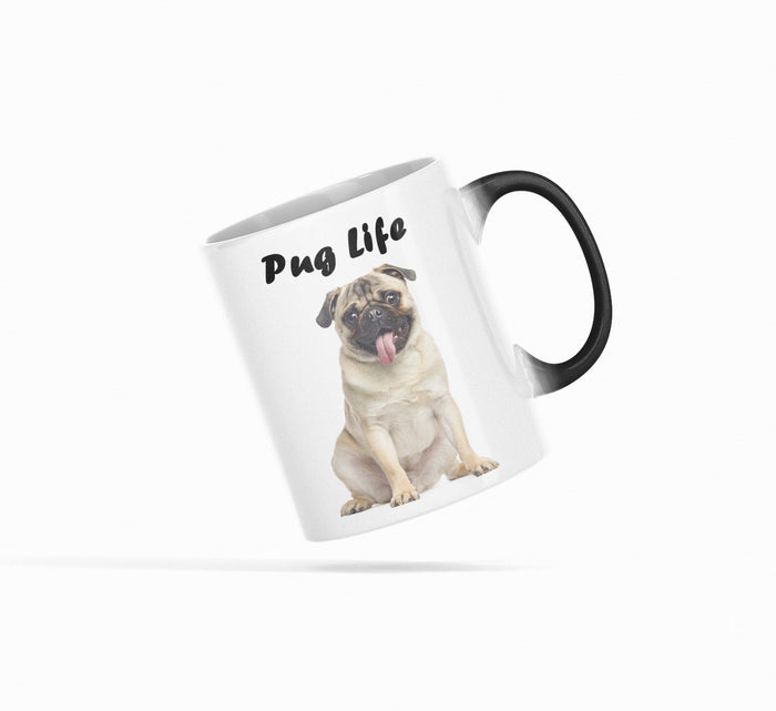 Heat Sensitive Color Changing Mug for Canine Enthusiasts: white, black pug dog, cartoon/photo-print novelty style