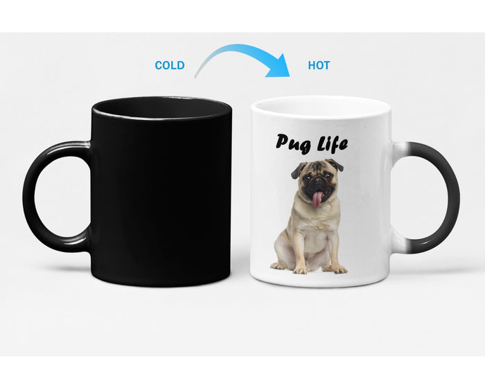 Heat Sensitive Color Changing Mug for Canine Enthusiasts: white, black pug dog, cartoon/photo-print novelty style