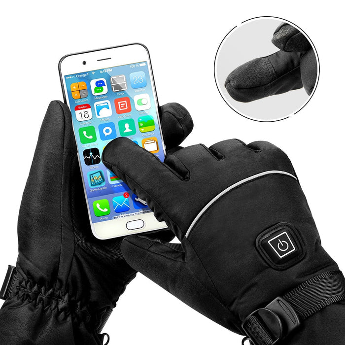 Heated Battery Powered Motorcycle Gloves with Waterproof Touch Screen: black, dark gray pair of gloves, functional outdoor wi