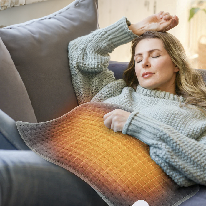 Heated Electric Pad for Warmth: orange, yellow heated cushion/pad, minimal style