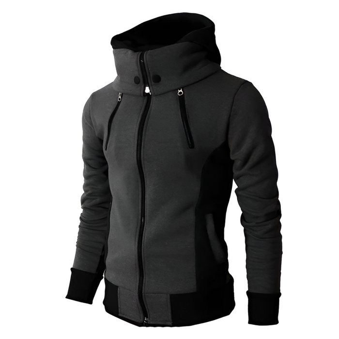 High Collar Men's Hoodie with Contrasting Cuffs: light gray, black hooded zip-up sweatshirt jacket, modern athletic casual st