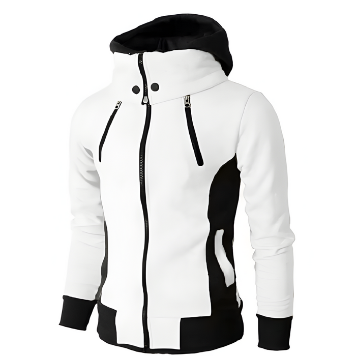 High Collar Men's Hoodie with Contrasting Cuffs: light gray, black hooded zip-up sweatshirt jacket, modern athletic casual st