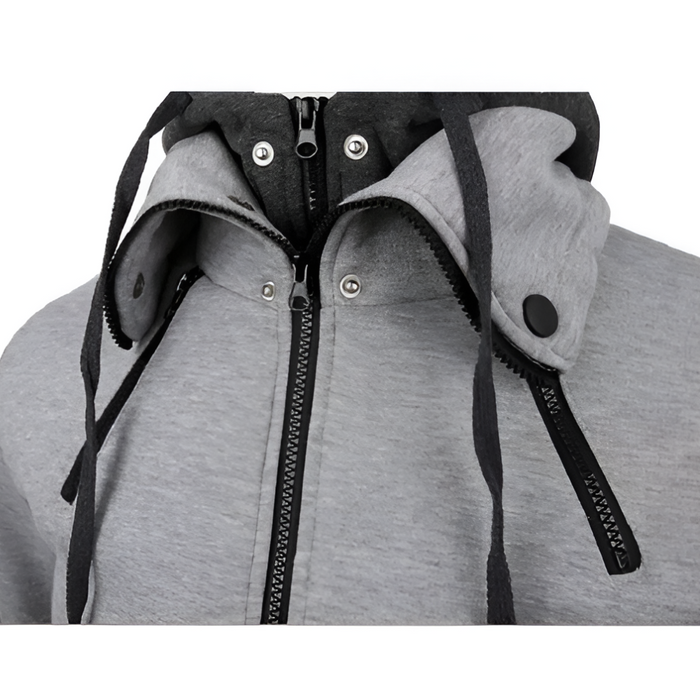 High Collar Men's Hoodie with Contrasting Cuffs: light gray, black hooded zip-up sweatshirt jacket, modern athletic casual st
