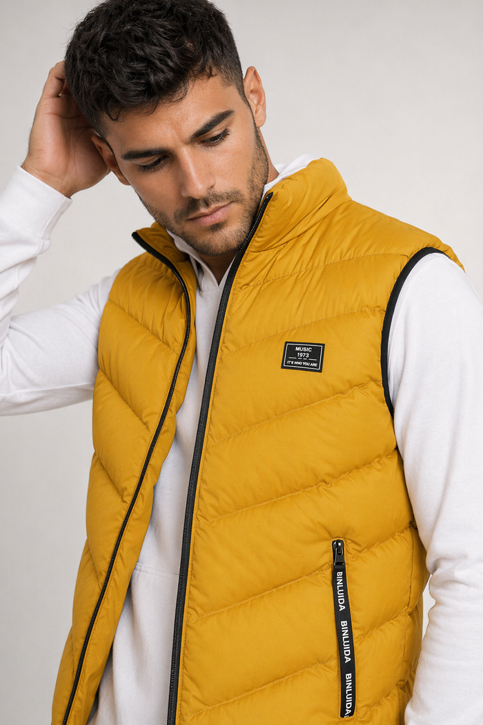 High Collar Puffer Vest for Men in Vibrant Yellow Default