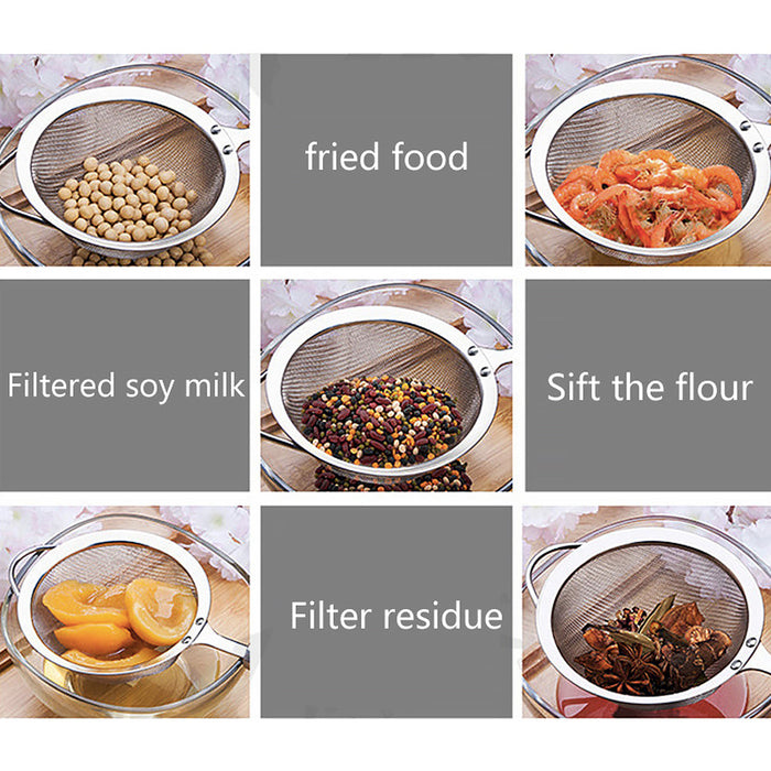 High Quality Kitchen Cooking Tools, Set of 3 Stainless Steel Colanders: silver, gray fine-mesh handheld strainer/sieve, minim