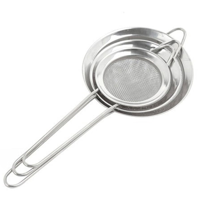 High Quality Kitchen Cooking Tools, Set of 3 Stainless Steel Colanders: silver, gray fine-mesh handheld strainer/sieve, minim