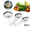 High Quality Kitchen Cooking Tools, Set of 3 Stainless Steel Colanders: silver, gray fine-mesh handheld strainer/sieve, minim
