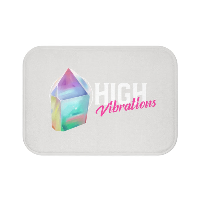High Vibration Crystal Bath Mat: white, pastel purple crystal theme, minimal, colorful graphic style
