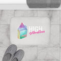 High Vibration Crystal Bath Mat: white, pastel purple crystal theme, minimal, colorful graphic style