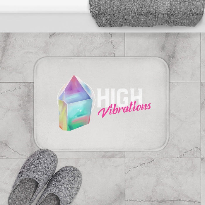 High Vibration Crystal Bath Mat: white, pastel purple crystal theme, minimal, colorful graphic style