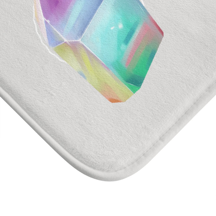 High Vibration Crystal Bath Mat: white, pastel purple crystal theme, minimal, colorful graphic style