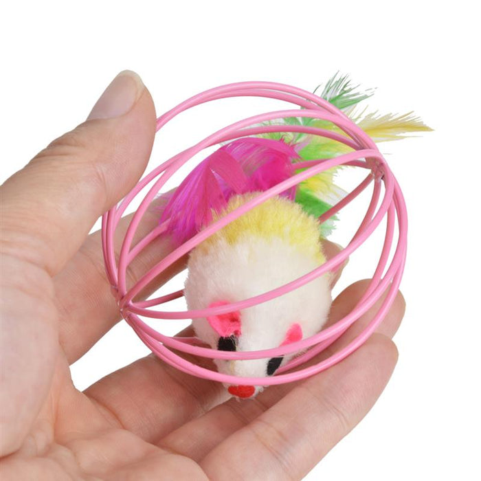 Hilarious Spinning Cat Toy Set with 5 Cages: pink, white mouse, cartoon style