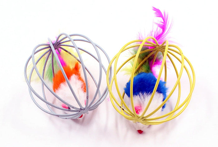 Hilarious Spinning Cat Toy Set with 5 Cages: pink, white mouse, cartoon style