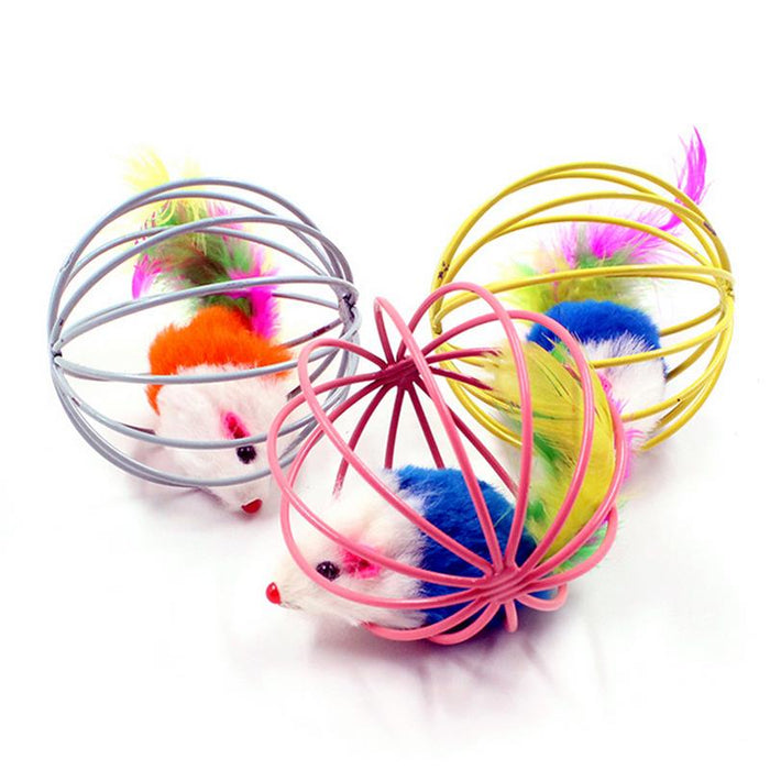 Hilarious Spinning Cat Toy Set with 5 Cages: pink, white mouse, cartoon style