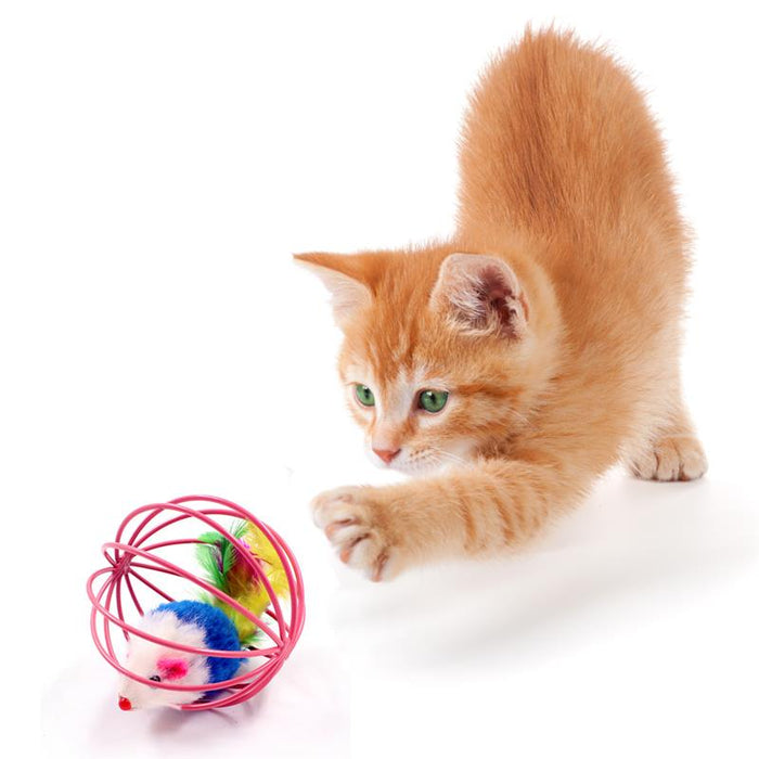 Hilarious Spinning Cat Toy Set with 5 Cages: pink, white mouse, cartoon style