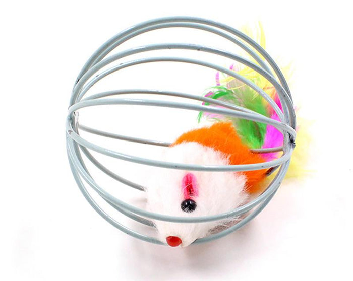Hilarious Spinning Cat Toy Set with 5 Cages: pink, white mouse, cartoon style