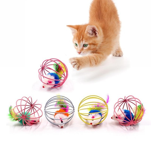 Hilarious Spinning Cat Toy Set with 5 Cages: pink, white mouse, cartoon style