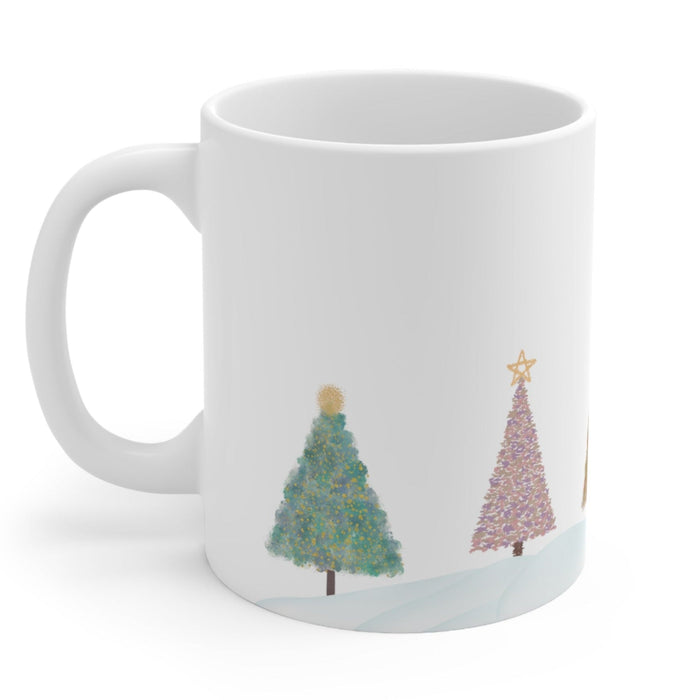 Holiday Mug for Christmas Tree: white, green Christmas trees, minimal festive illustration style