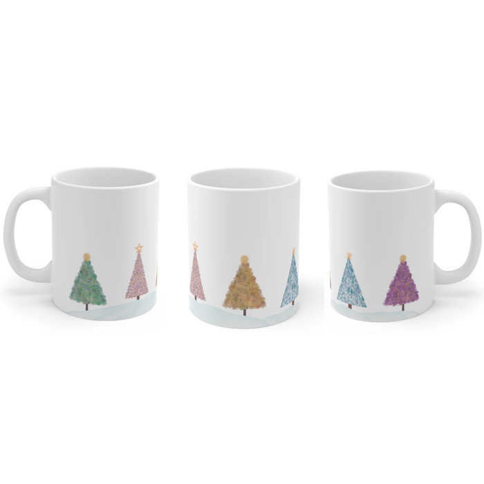 Holiday Mug for Christmas Tree: white, green Christmas trees, minimal festive illustration style