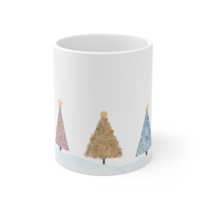 Holiday Mug for Christmas Tree: white, green Christmas trees, minimal festive illustration style