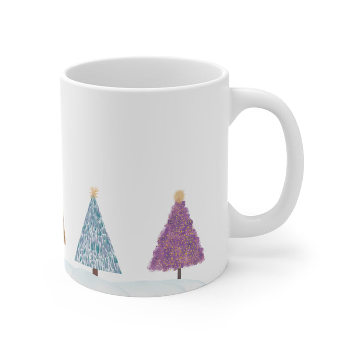 Holiday Mug for Christmas Tree: white, green Christmas trees, minimal festive illustration style