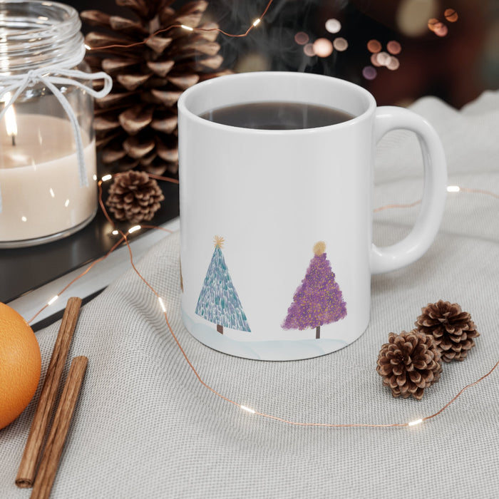 Holiday Mug for Christmas Tree: white, green Christmas trees, minimal festive illustration style