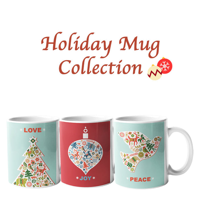 Holiday Mug Set: Bringing Joy, Love, and Peace to Your Coffee and Tea Rituals: red, light aqua Christmas holiday theme, carto