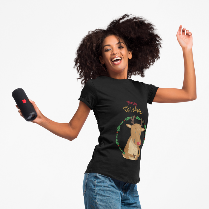 Holiday Reindeer Women's Tee with Short Sleeves: black, brown cartoon reindeer with Christmas theme, cartoon holiday graphic
