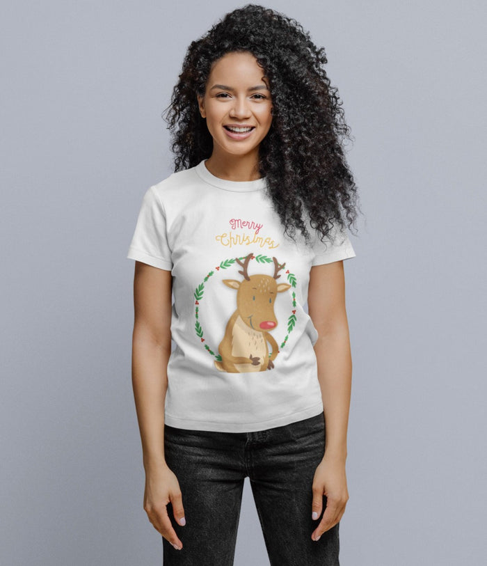 Holiday Reindeer Women's Tee with Short Sleeves: black, brown cartoon reindeer with Christmas theme, cartoon holiday graphic