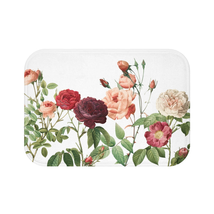 Home Accents, Floral Haven Bath Mat: white, green rose floral theme, botanical floral illustration style
