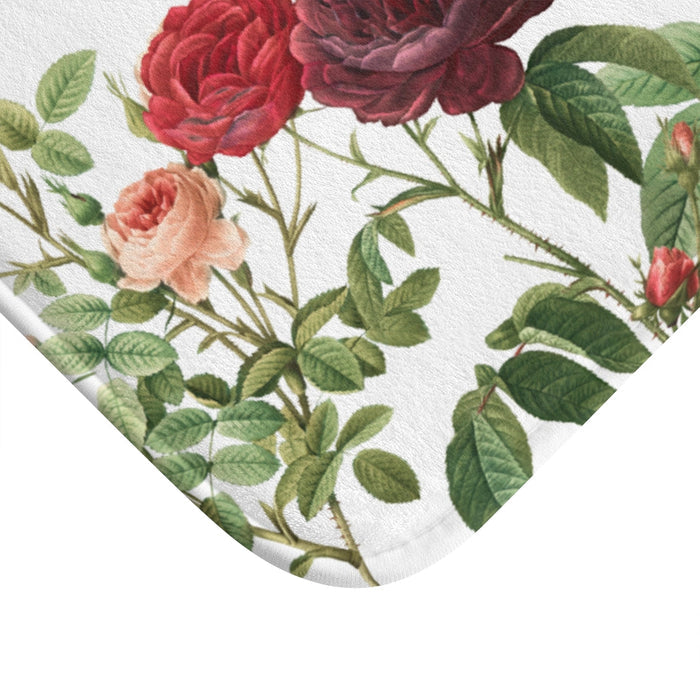 Home Accents, Floral Haven Bath Mat: white, green rose floral theme, botanical floral illustration style