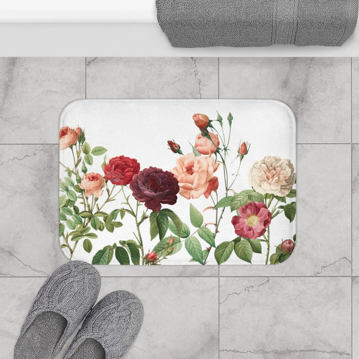 Home Accents, Floral Haven Bath Mat: white, green rose floral theme, botanical floral illustration style