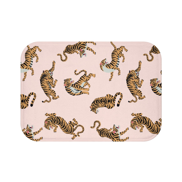Home Accents Leopard Print Bath Mat: pale pink, orange tigers, cartoon style
