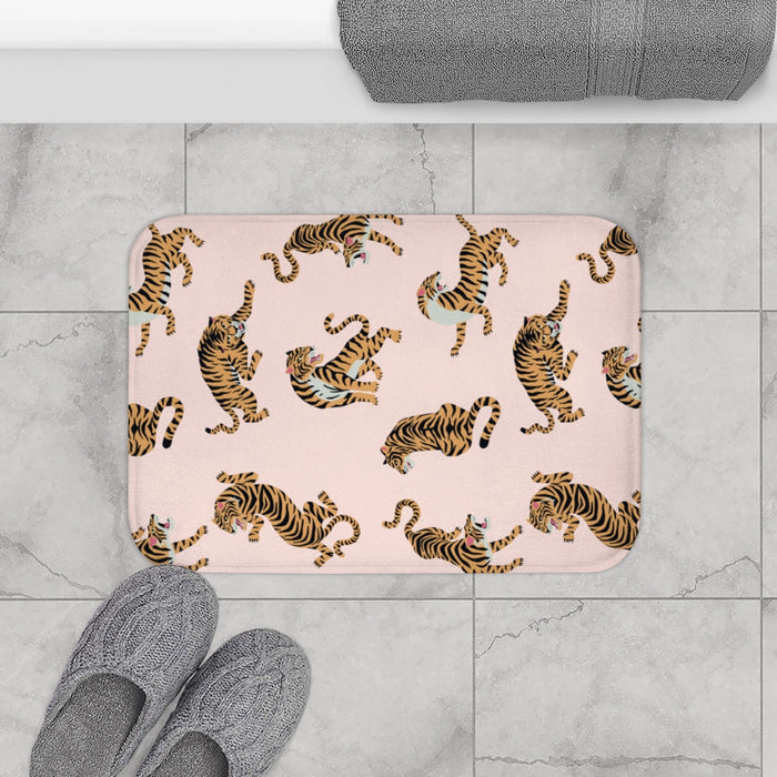 Home Accents Leopard Print Bath Mat: pale pink, orange tigers, cartoon style